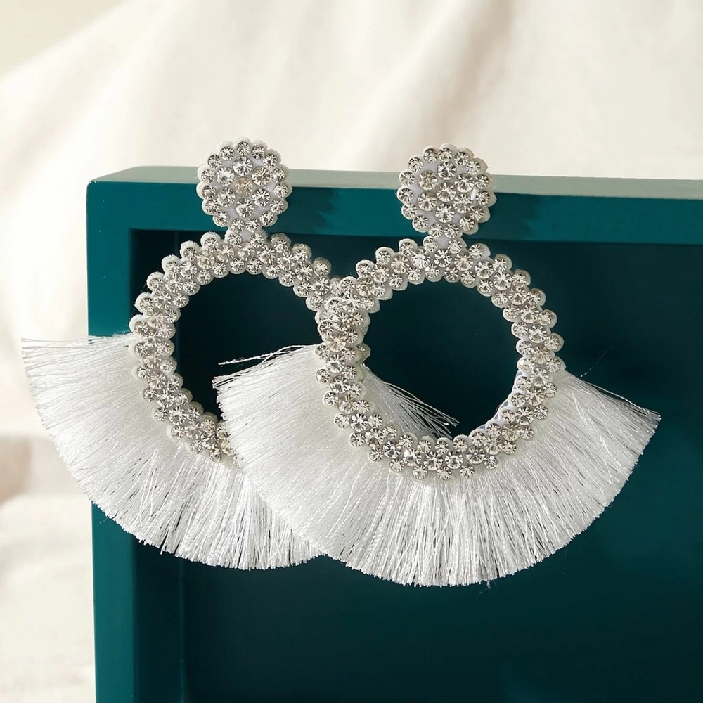 White Rhinestone Decor Drop Earrings